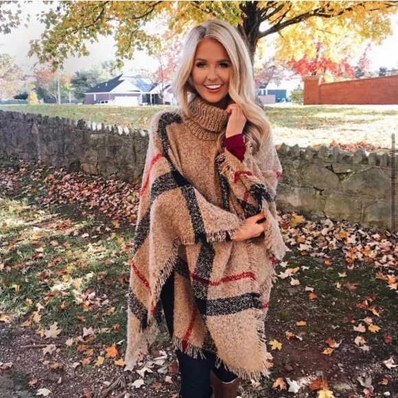 Cozy Plaid Nubby Knit Turtleneck Pullover Poncho Cape Cardigan Camel, Red, Black - Picture 3 of 5